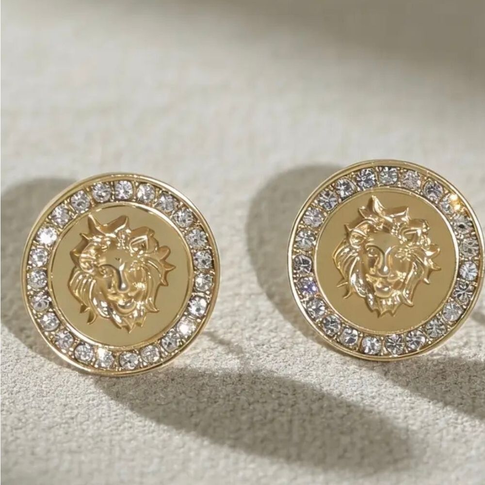 14K Gold Plated Round Lion Diamond Head Earrings
